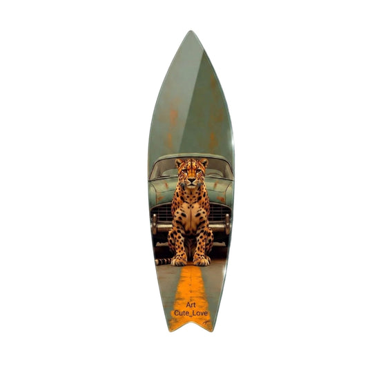 Klasik Yeşil Araba ve Çita Modern Sanat Surf Board Cam Tablo