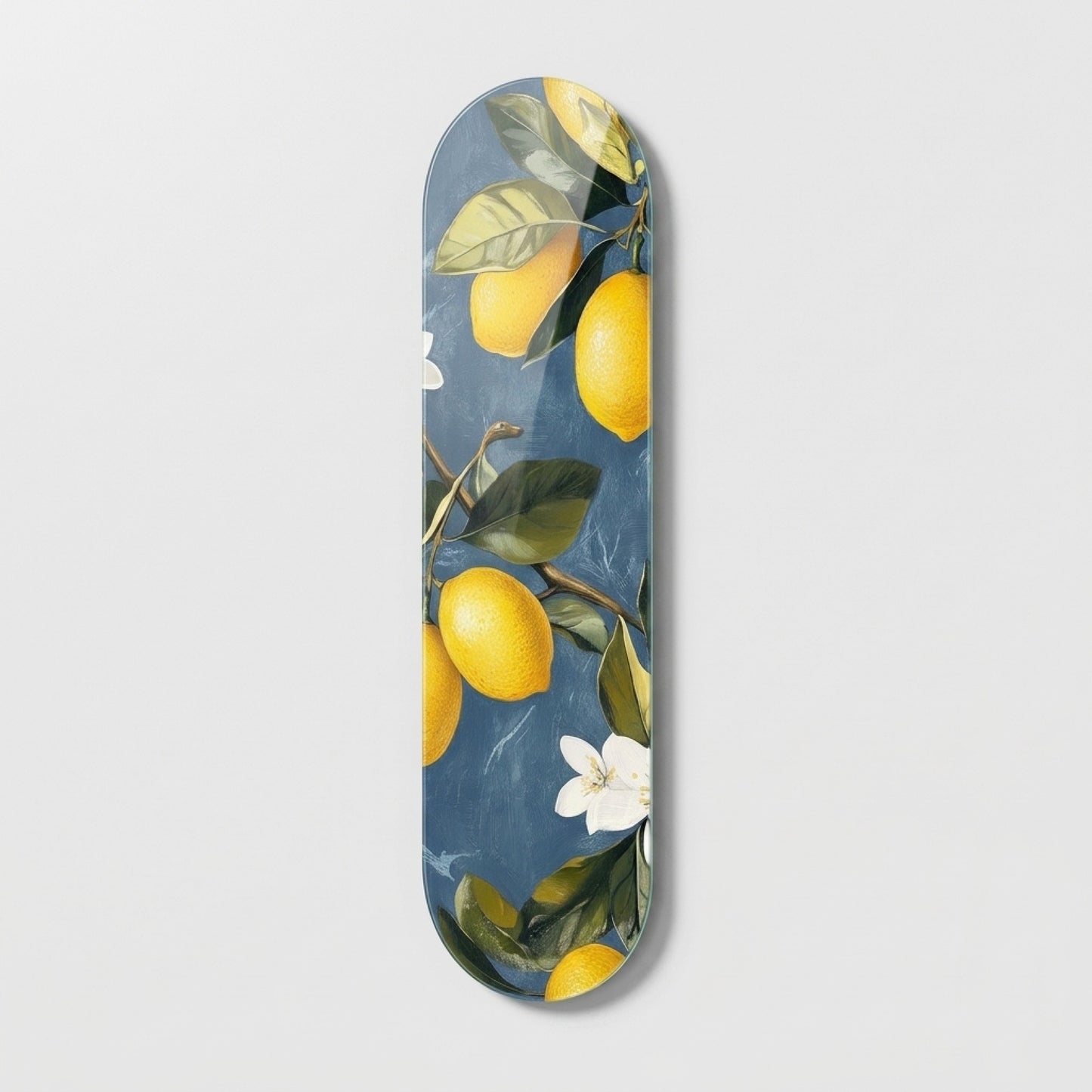 Mavi Arka Planlı Limon Ağacı ve Çiçekleri Skate Board Cam Tablo