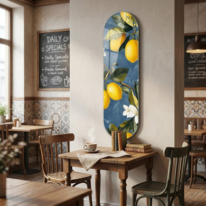 Mavi Arka Planlı Limon Ağacı ve Çiçekleri Skate Board Cam Tablo