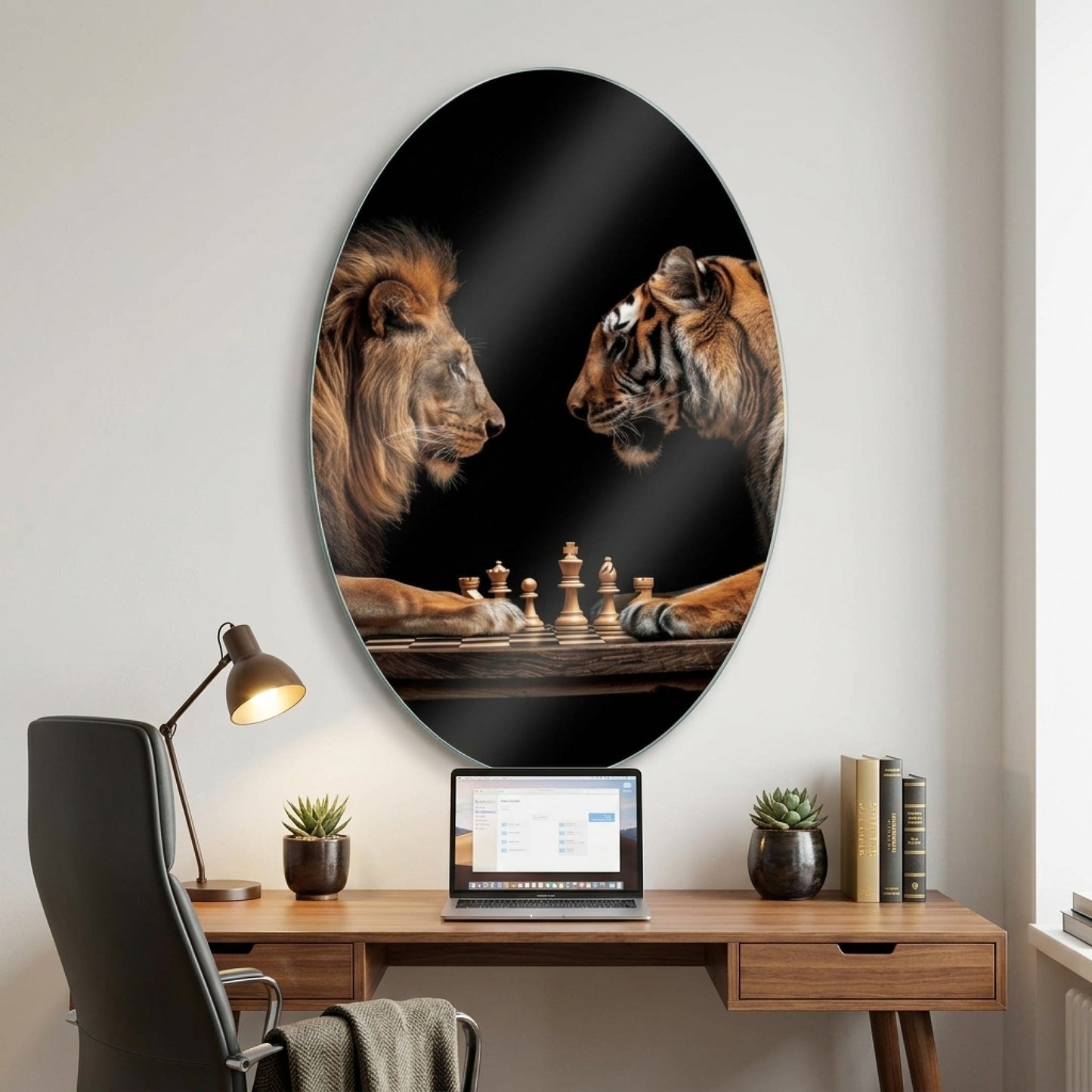 Aslan ve Kaplan Satranç Maçı Oval Dikey Cam Tablo