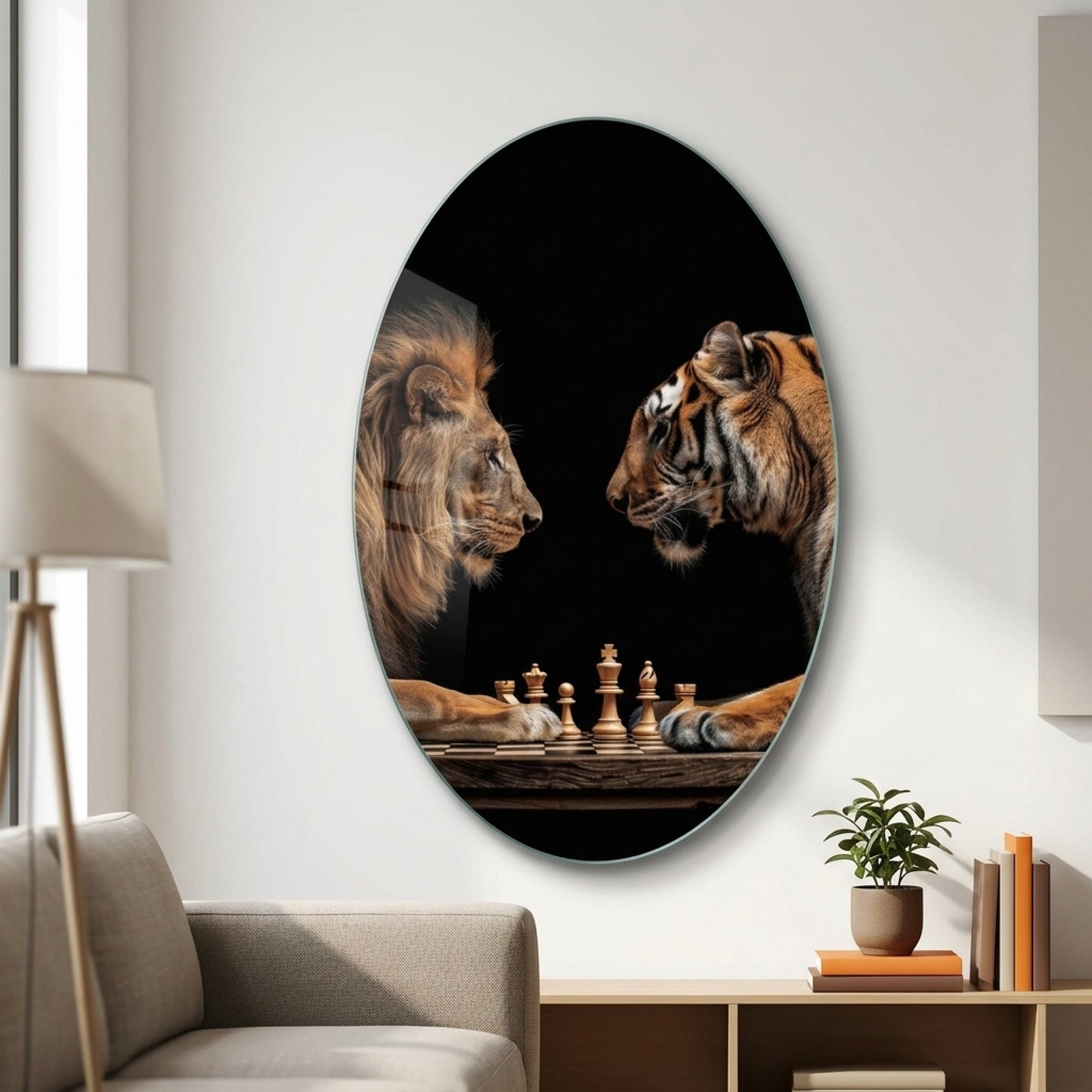 Aslan ve Kaplan Satranç Maçı Oval Dikey Cam Tablo