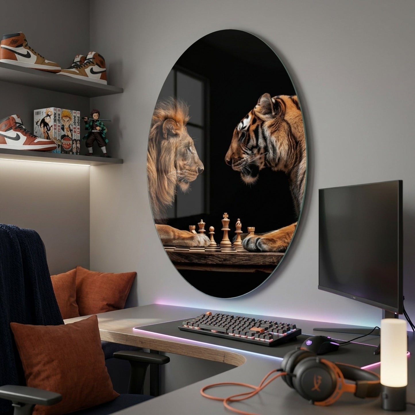 Aslan ve Kaplan Satranç Maçı Oval Dikey Cam Tablo