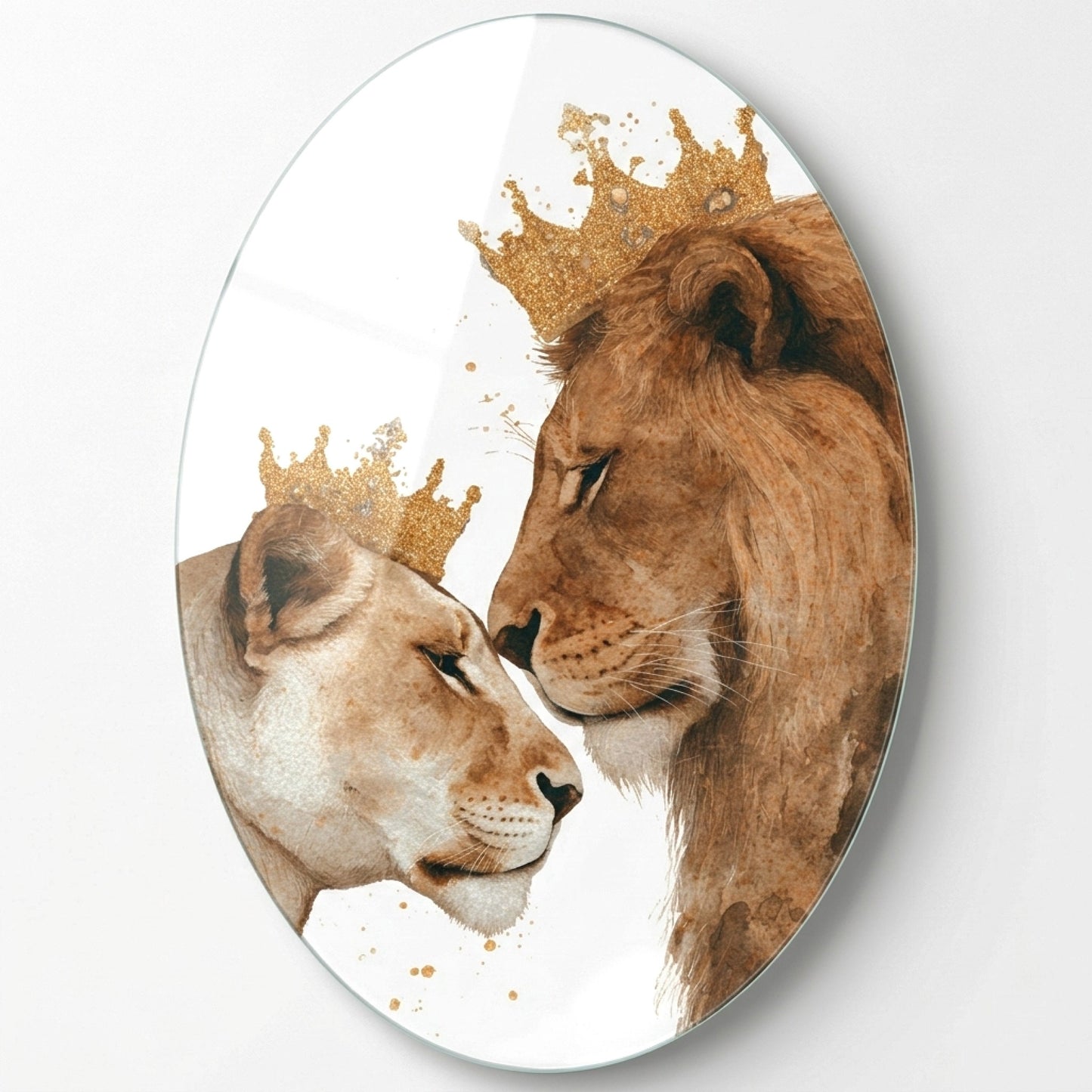 Altın Taçlı Aslan ve Dişi Aslan Çifti Suluboya Oval Dikey Cam Tablo