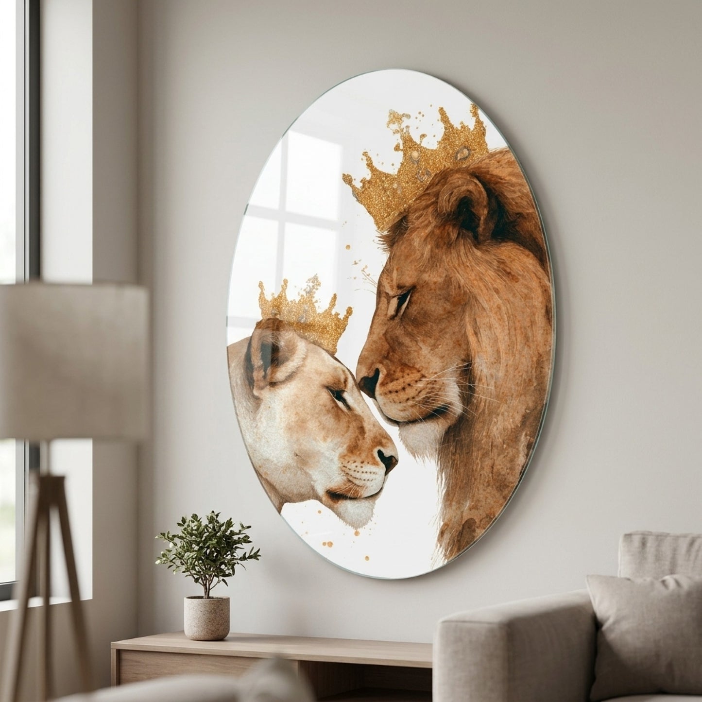 Altın Taçlı Aslan ve Dişi Aslan Çifti Suluboya Oval Dikey Cam Tablo