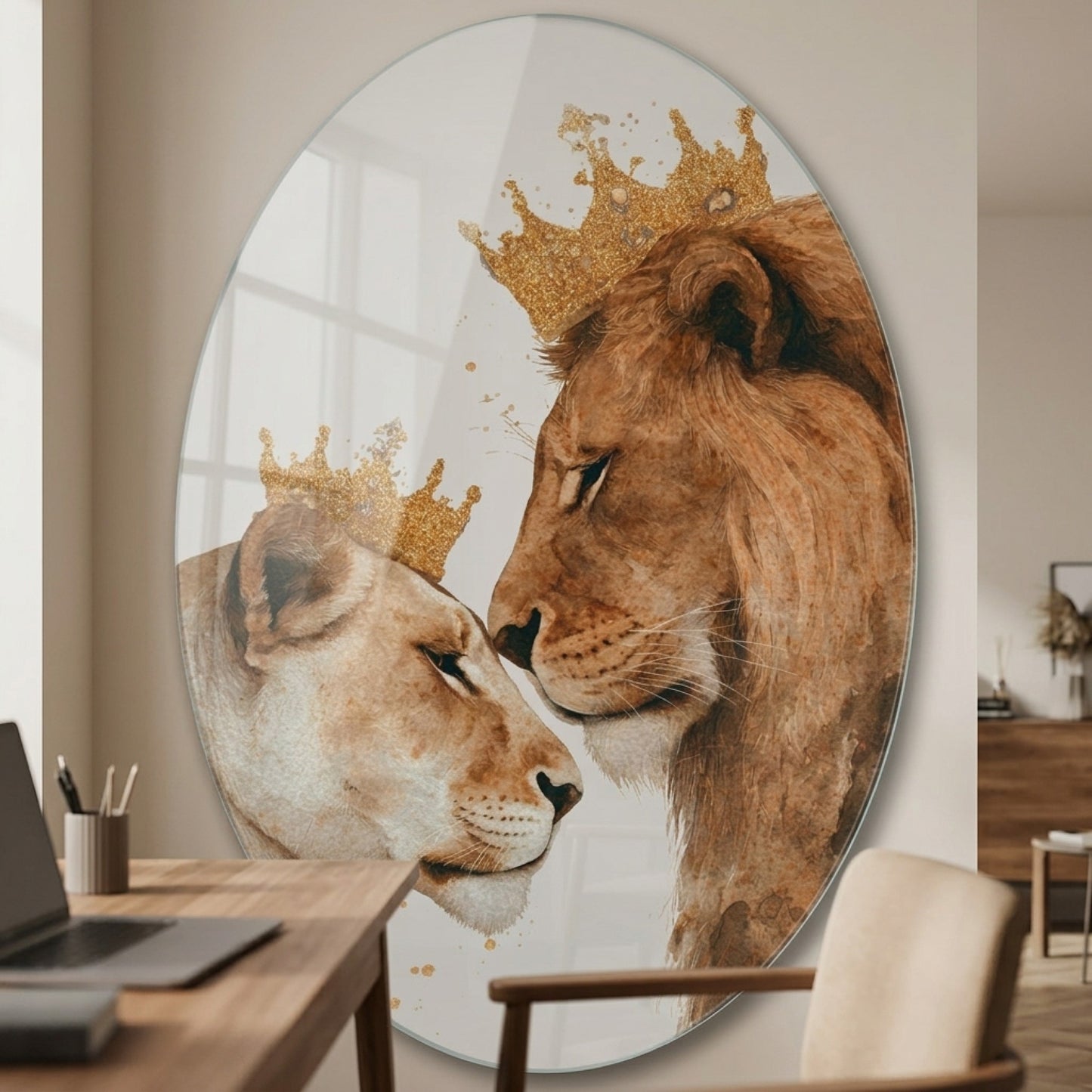 Altın Taçlı Aslan ve Dişi Aslan Çifti Suluboya Oval Dikey Cam Tablo