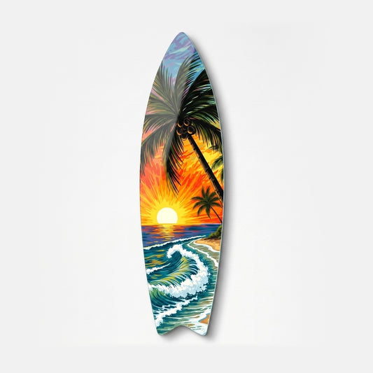 Tropik Sahil Gün Batımı Palmiye Ağaçları Surf Board Cam Tablo