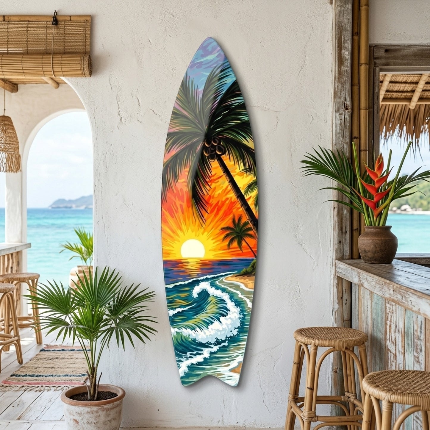 Tropik Sahil Gün Batımı Palmiye Ağaçları Surf Board Cam Tablo