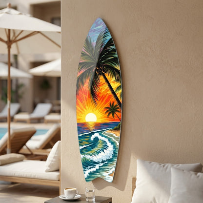 Tropik Sahil Gün Batımı Palmiye Ağaçları Surf Board Cam Tablo