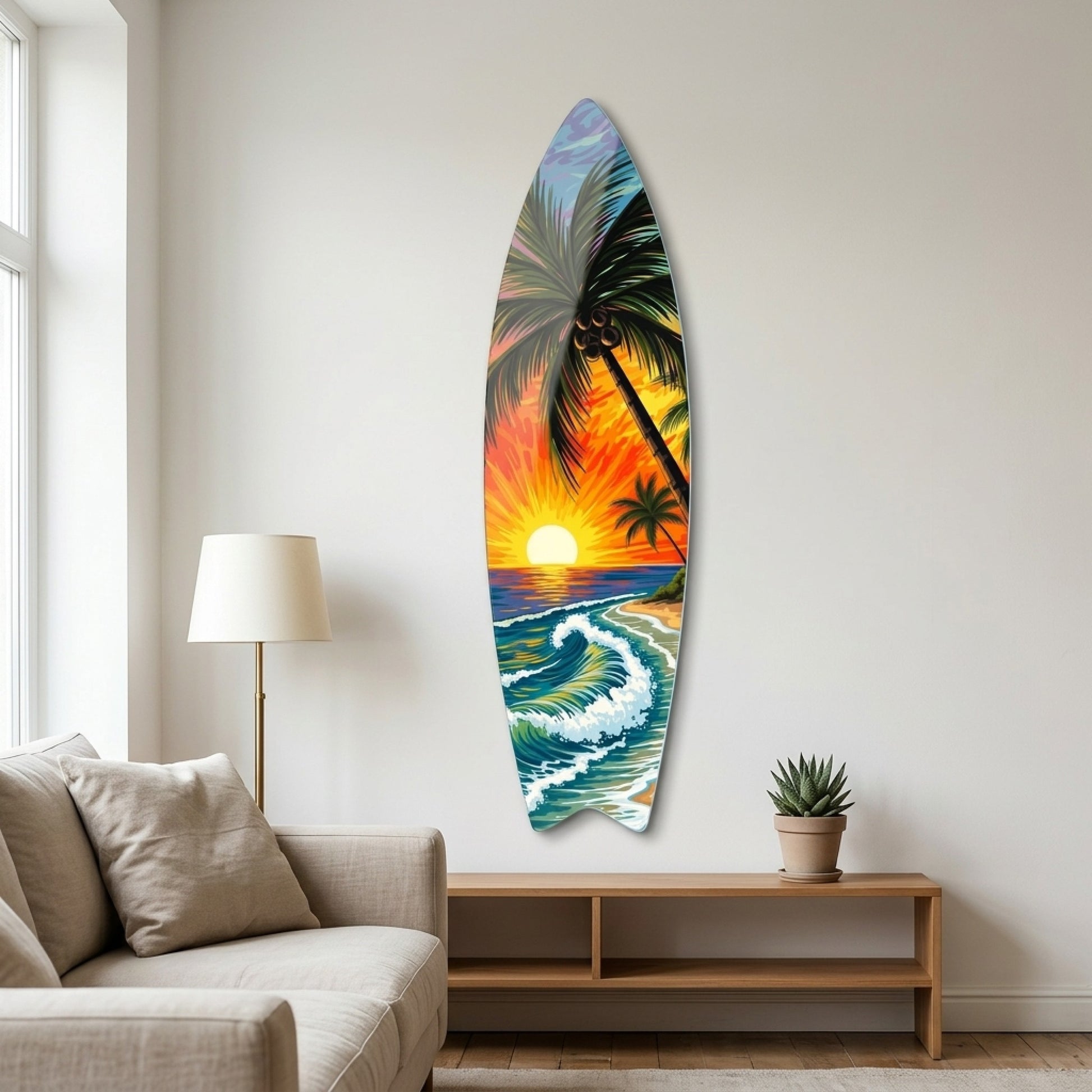 Tropik Sahil Gün Batımı Palmiye Ağaçları Surf Board Cam Tablo