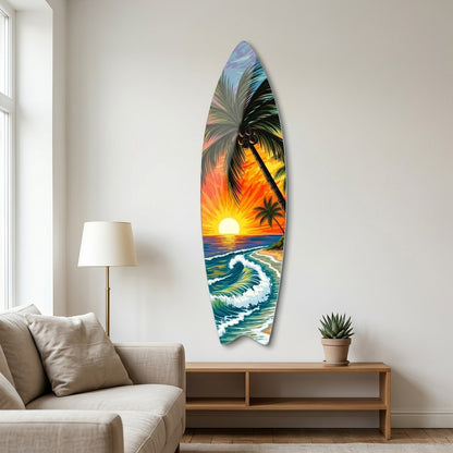 Tropik Sahil Gün Batımı Palmiye Ağaçları Surf Board Cam Tablo