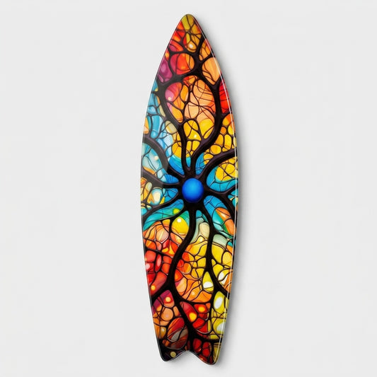 Renkli Soyut Vitray Desenli Sanatsal Duvar Dekoru Surf Board Cam Tablo