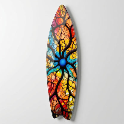 Renkli Soyut Vitray Desenli Sanatsal Duvar Dekoru Surf Board Cam Tablo