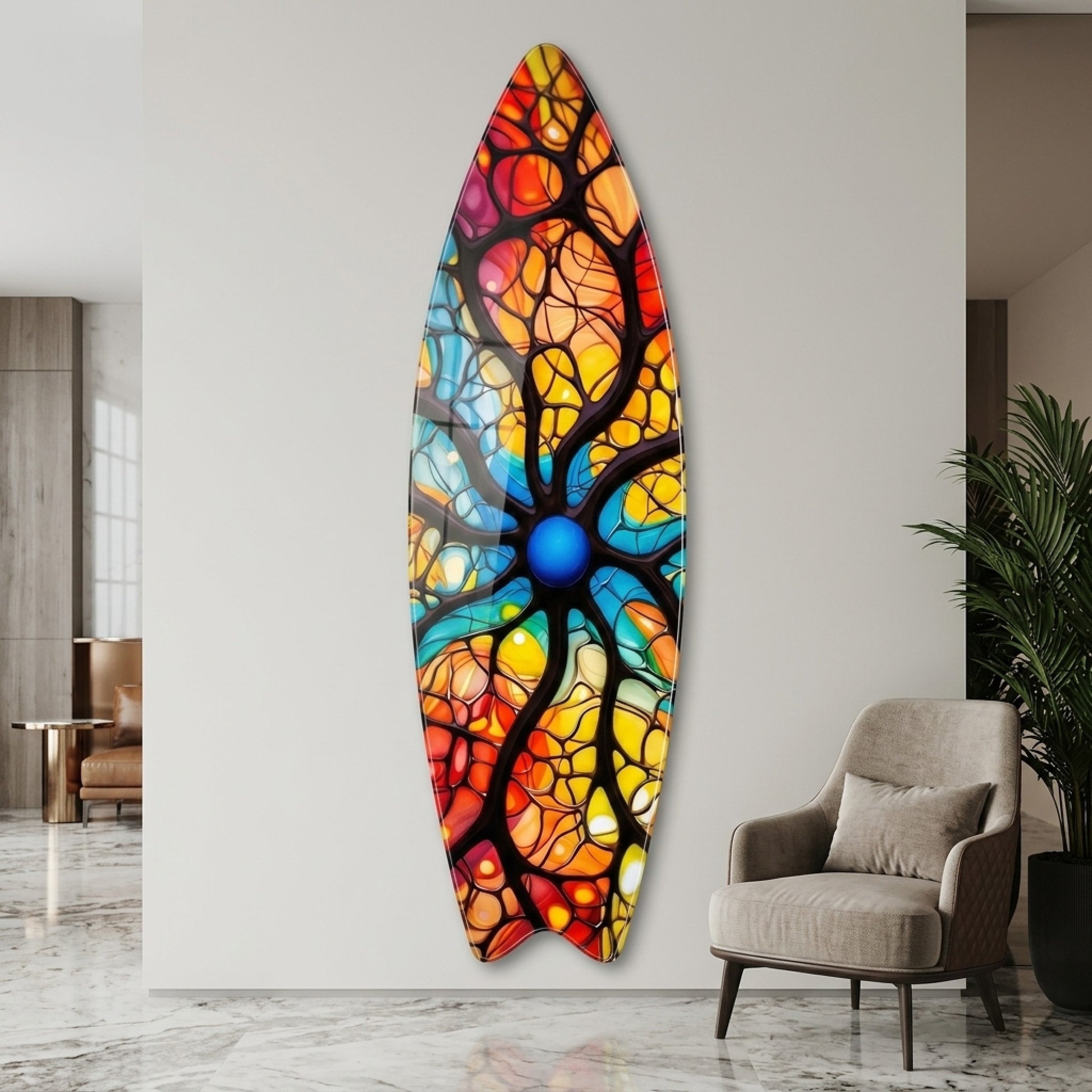Renkli Soyut Vitray Desenli Sanatsal Duvar Dekoru Surf Board Cam Tablo
