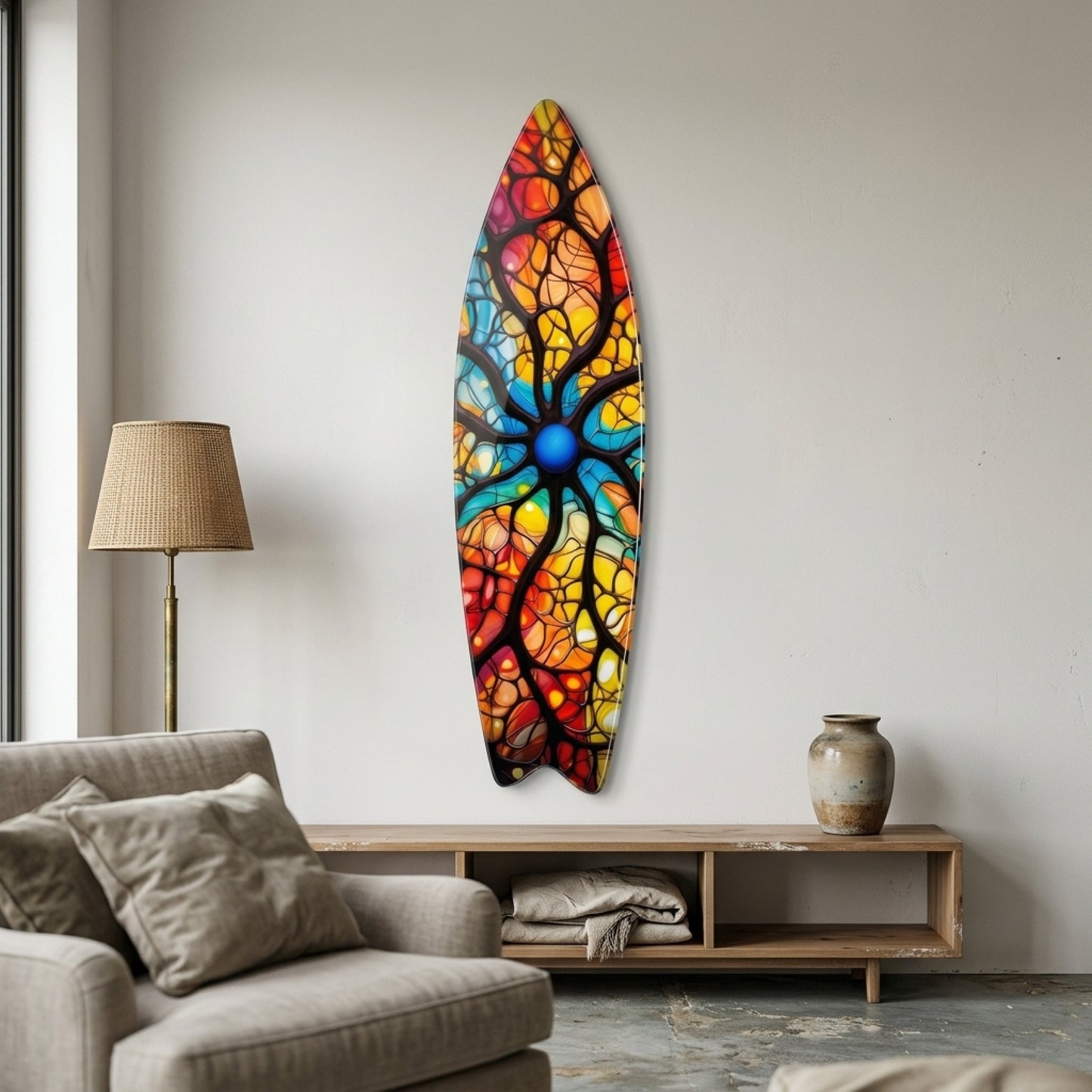 Renkli Soyut Vitray Desenli Sanatsal Duvar Dekoru Surf Board Cam Tablo
