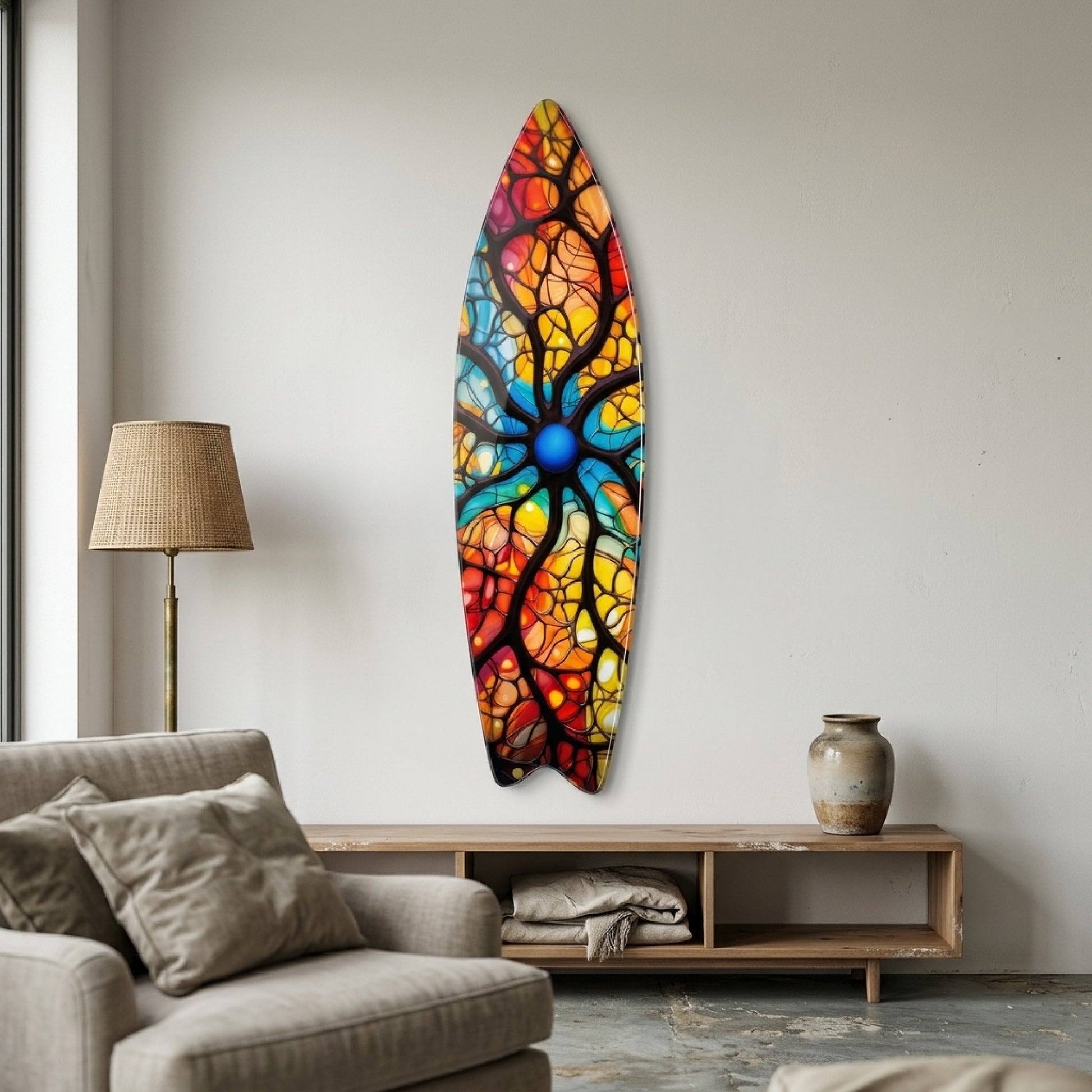 Renkli Soyut Vitray Desenli Sanatsal Duvar Dekoru Surf Board Cam Tablo