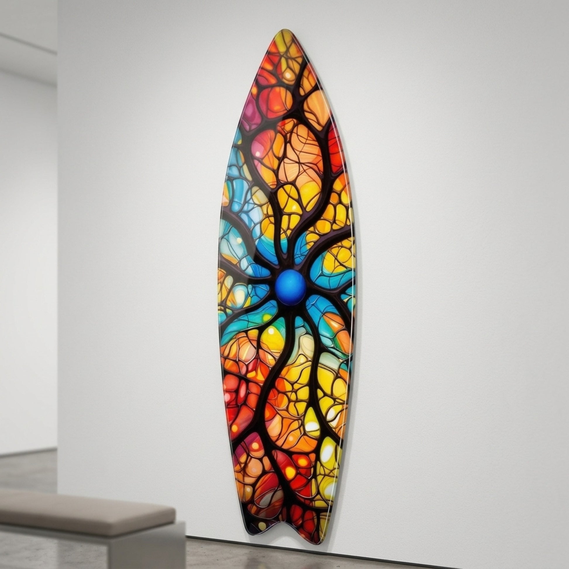 Renkli Soyut Vitray Desenli Sanatsal Duvar Dekoru Surf Board Cam Tablo
