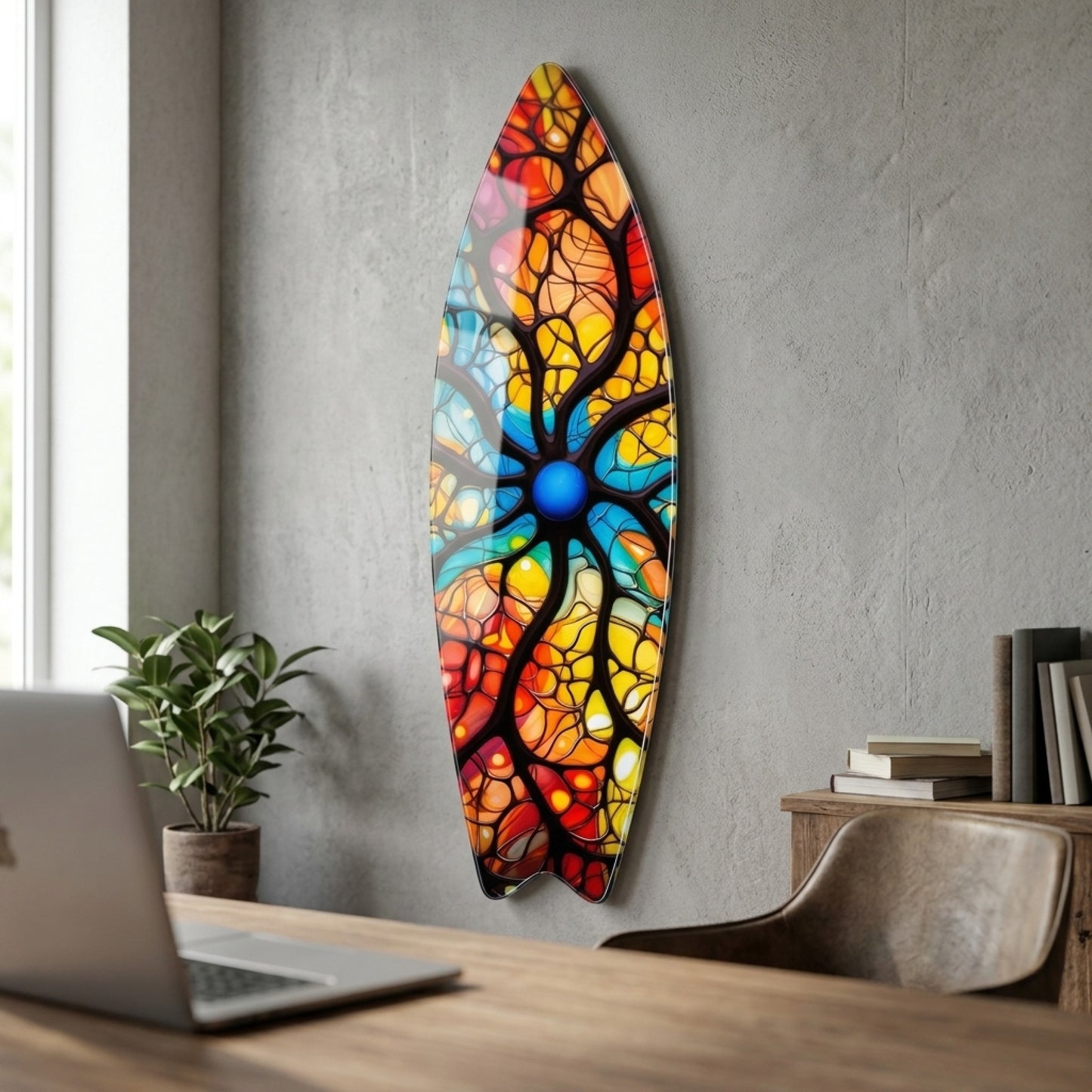 Renkli Soyut Vitray Desenli Sanatsal Duvar Dekoru Surf Board Cam Tablo