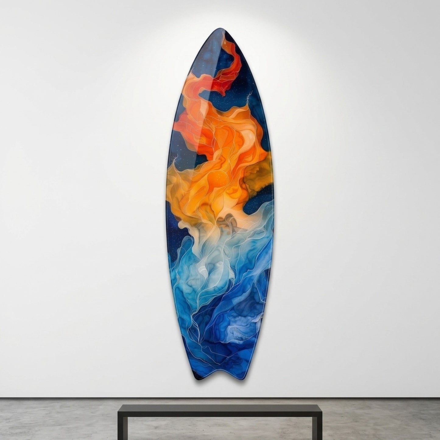 Mavi Turuncu Soyut Enerji Akışı Duvar Sanatı Surf Board Cam Tablo
