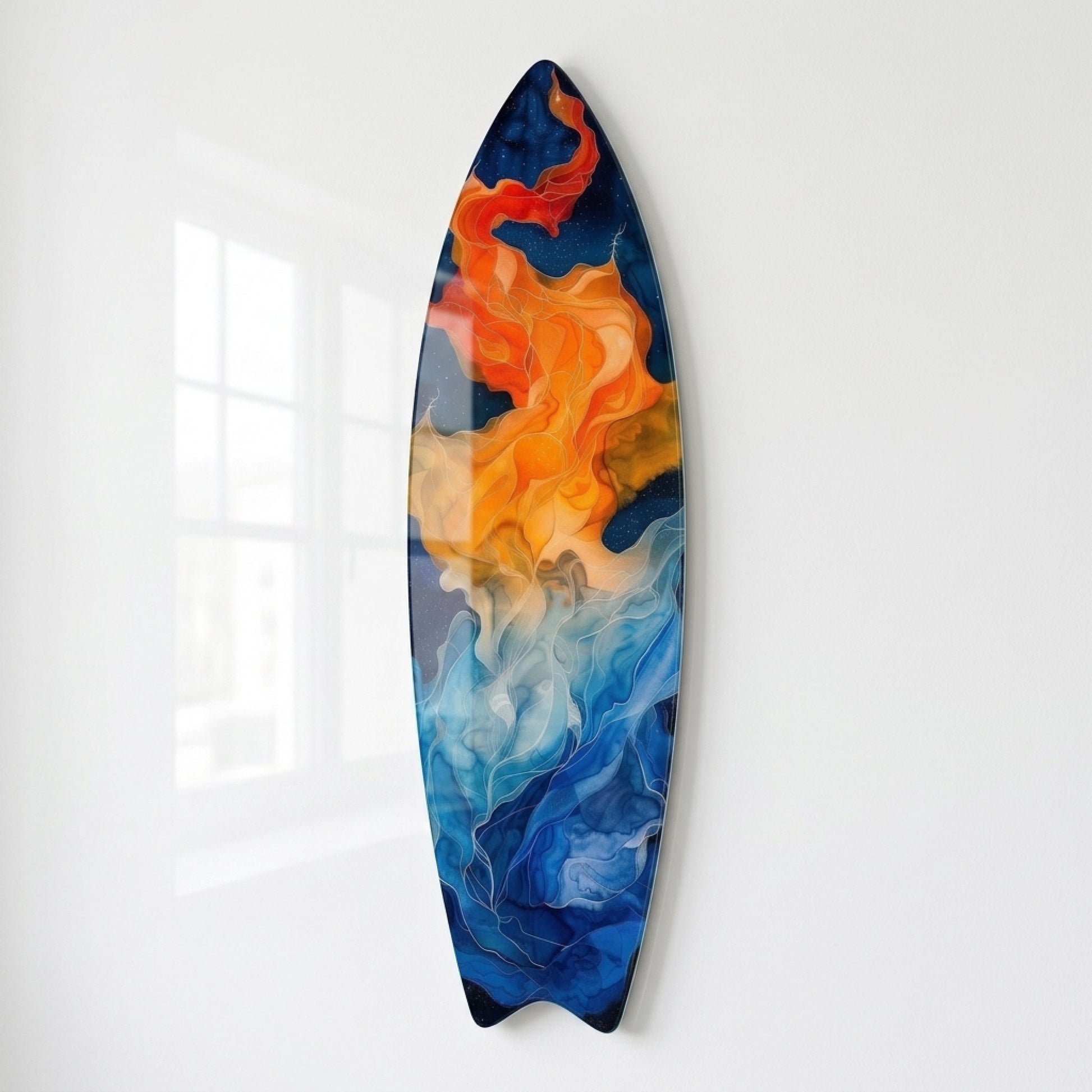 Mavi Turuncu Soyut Enerji Akışı Duvar Sanatı Surf Board Cam Tablo