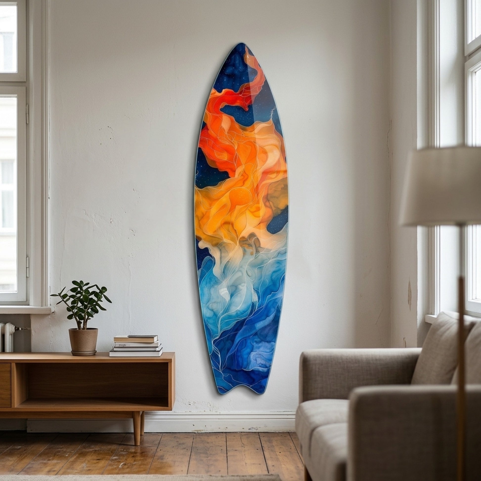 Mavi Turuncu Soyut Enerji Akışı Duvar Sanatı Surf Board Cam Tablo