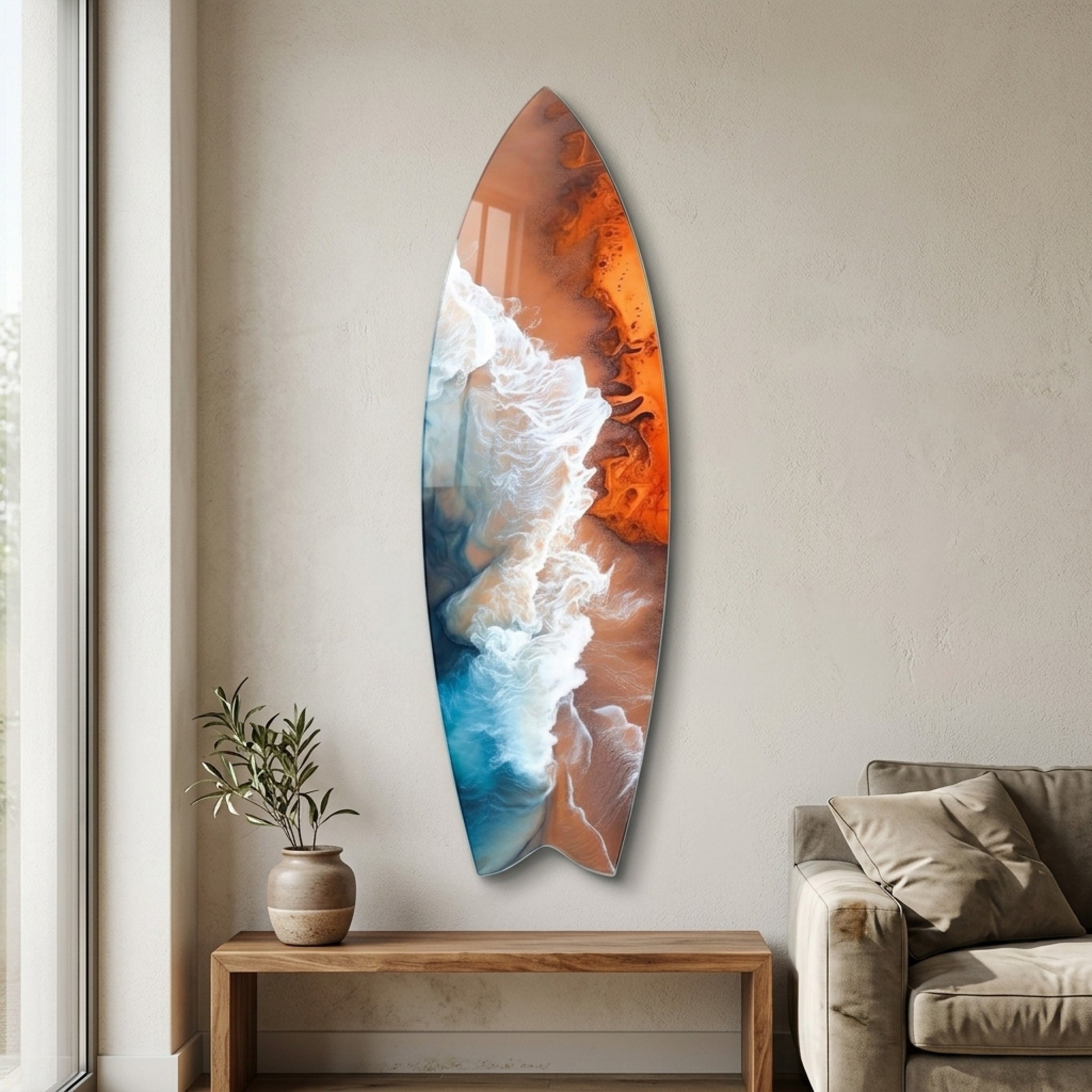 Kıyıya Vuran Dalgalar Soyut Deniz Manzarası Surf Board Cam Tablo