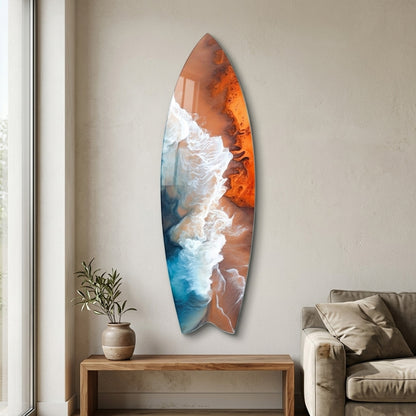 Kıyıya Vuran Dalgalar Soyut Deniz Manzarası Surf Board Cam Tablo