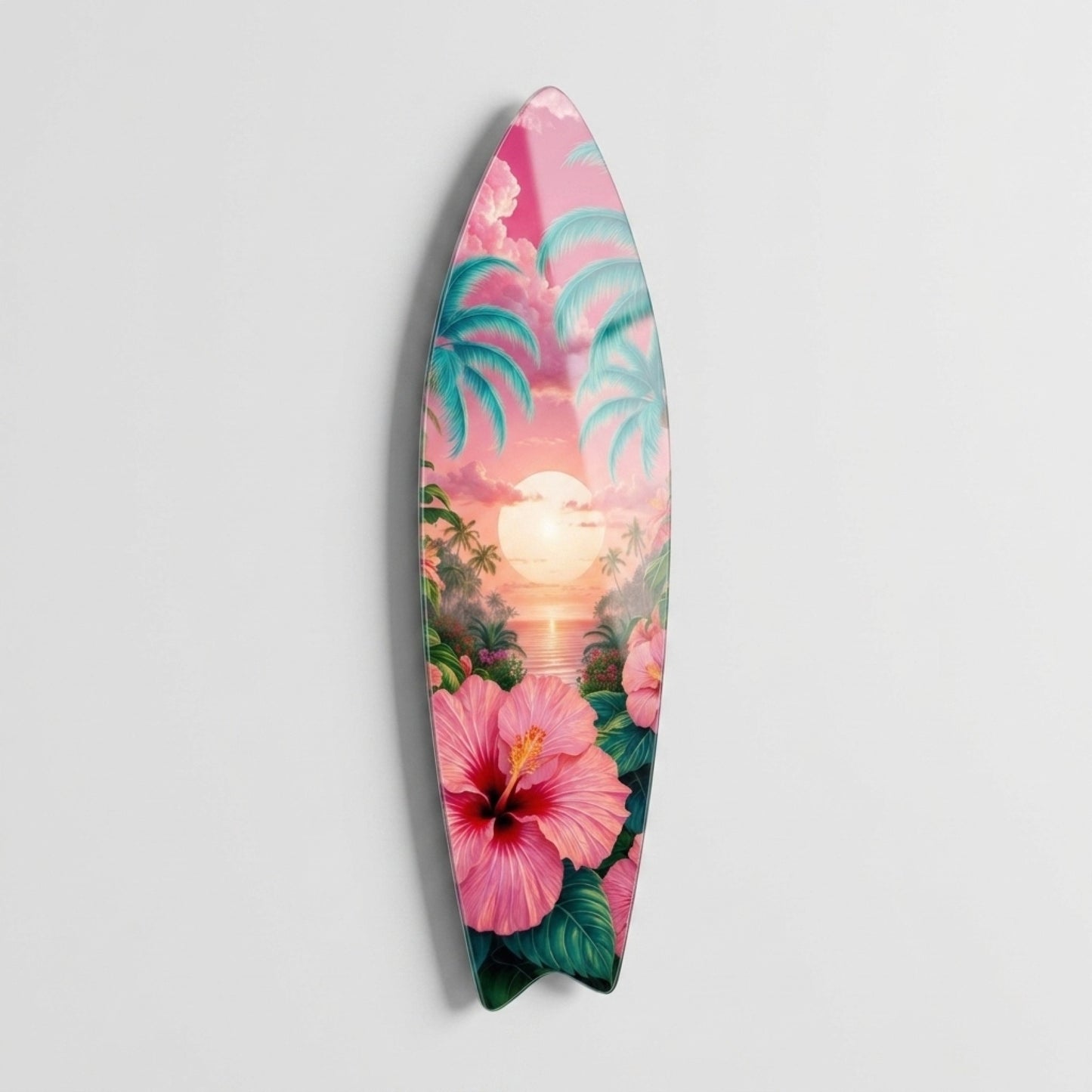 Tropik Gün Batımı Hibiskus Çiçekleri ve Palmiyeler Surf Board Cam Tablo