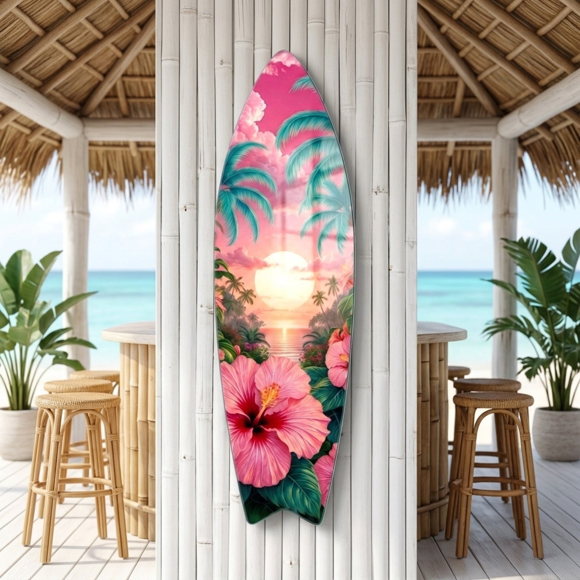Tropik Gün Batımı Hibiskus Çiçekleri ve Palmiyeler Surf Board Cam Tablo