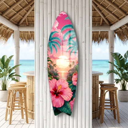 Tropik Gün Batımı Hibiskus Çiçekleri ve Palmiyeler Surf Board Cam Tablo