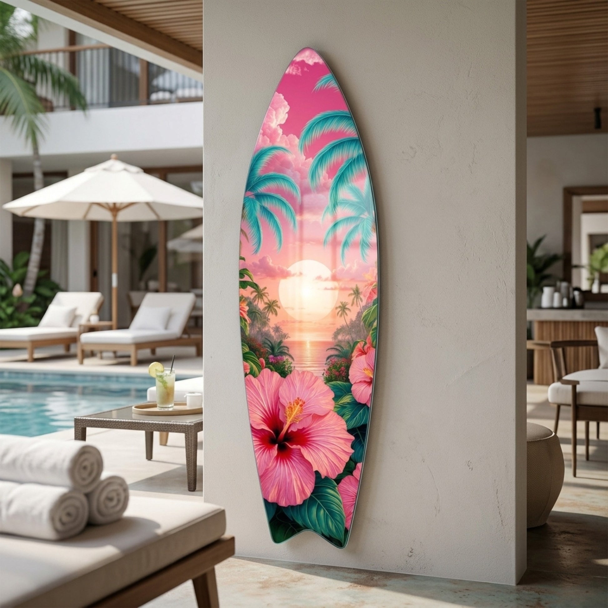 Tropik Gün Batımı Hibiskus Çiçekleri ve Palmiyeler Surf Board Cam Tablo