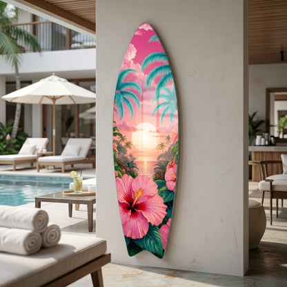 Tropik Gün Batımı Hibiskus Çiçekleri ve Palmiyeler Surf Board Cam Tablo