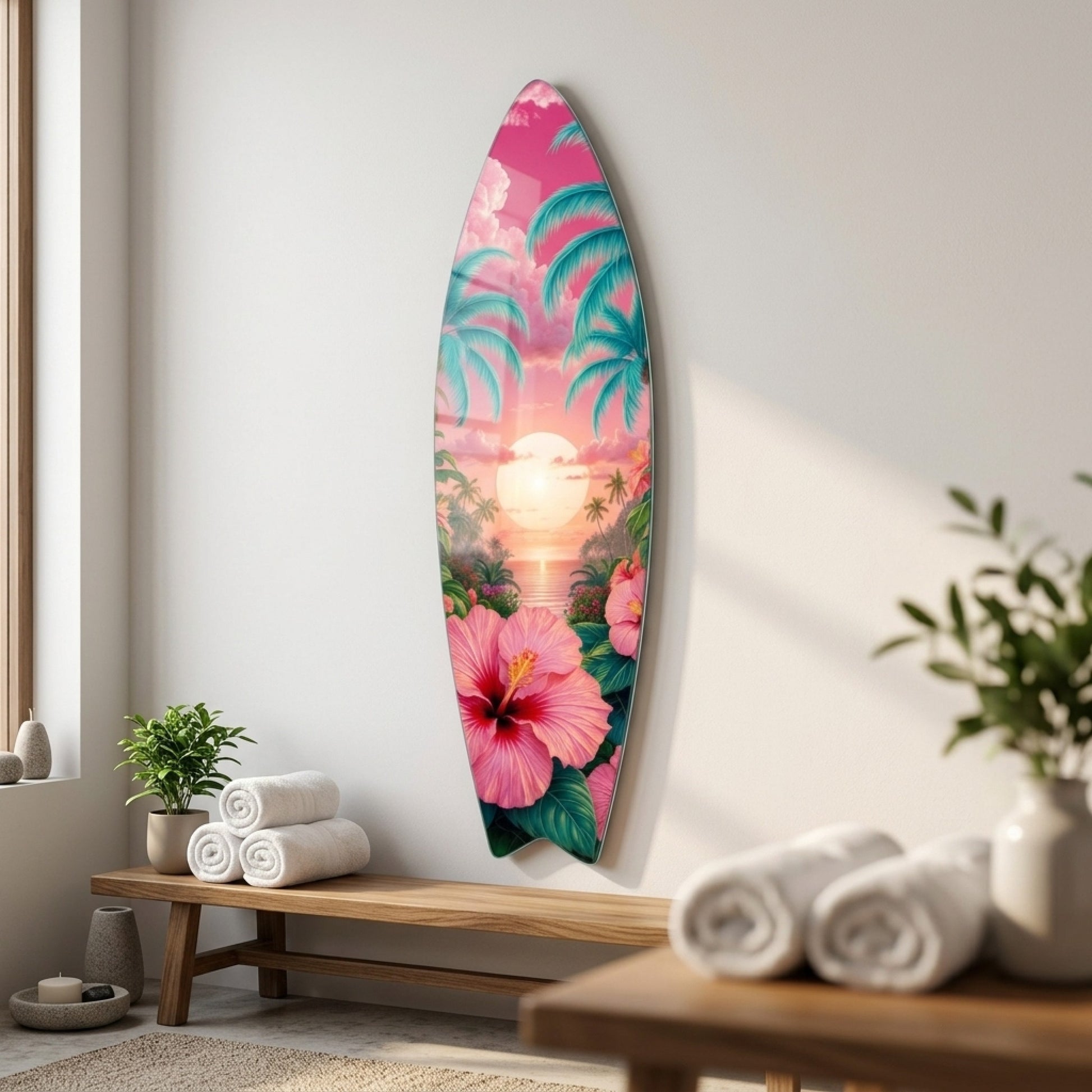 Tropik Gün Batımı Hibiskus Çiçekleri ve Palmiyeler Surf Board Cam Tablo