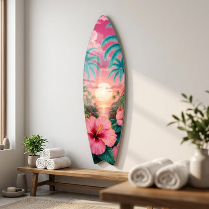 Tropik Gün Batımı Hibiskus Çiçekleri ve Palmiyeler Surf Board Cam Tablo