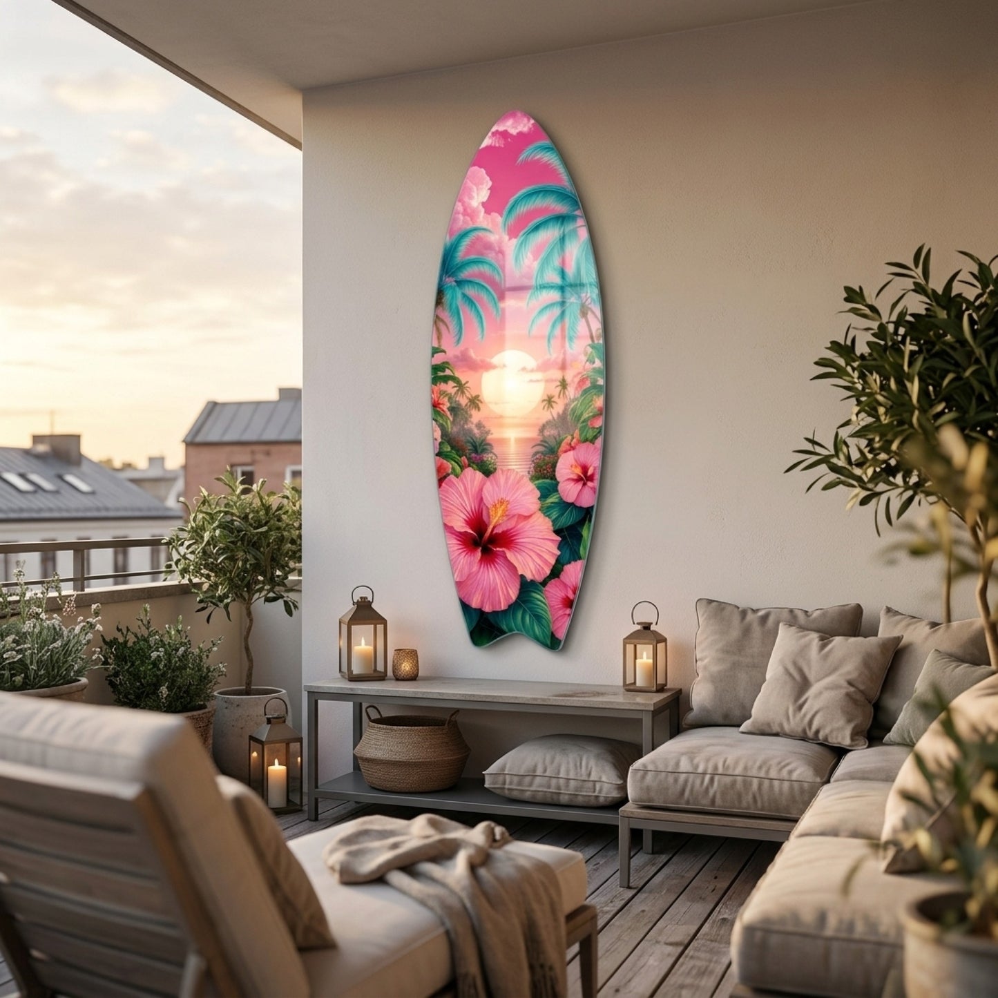 Tropik Gün Batımı Hibiskus Çiçekleri ve Palmiyeler Surf Board Cam Tablo