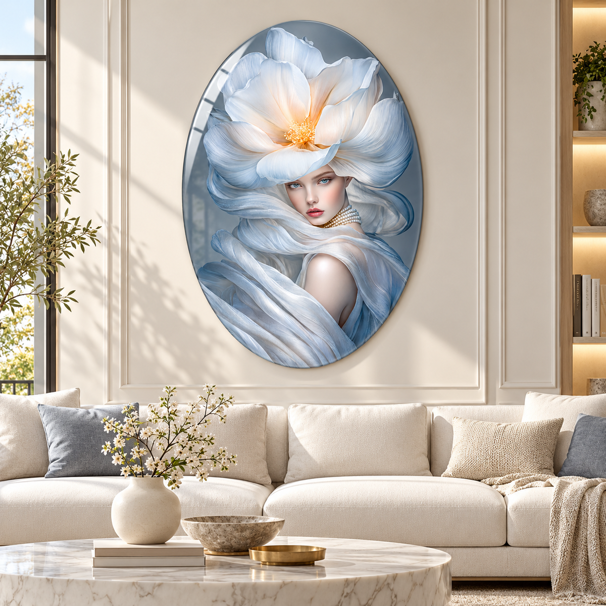 İncili ve Beyaz Çiçekli Kadın - Premium salon