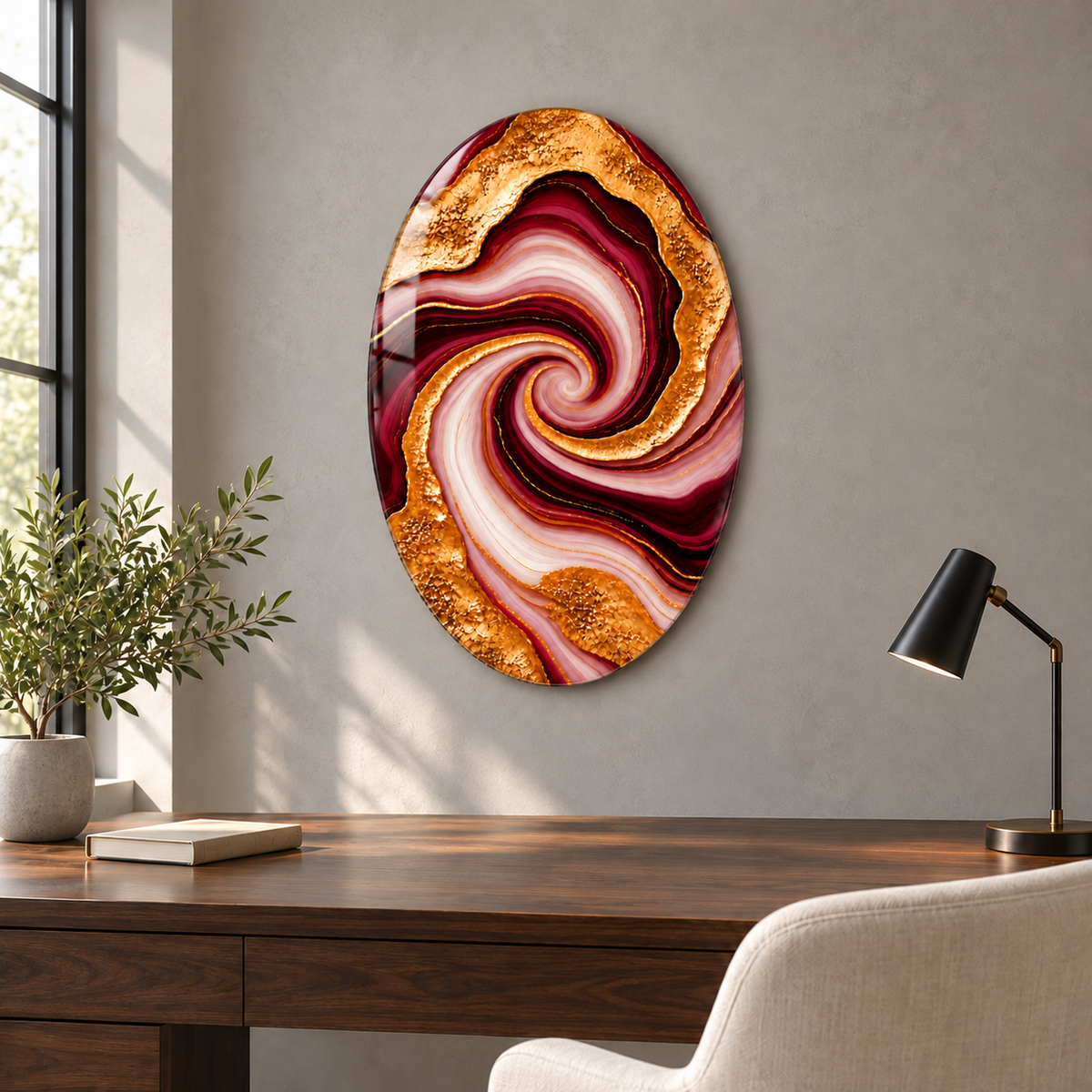 Bordo Altın Damarlı Akik Dikey Oval Cam Tablo — Çalışma odası