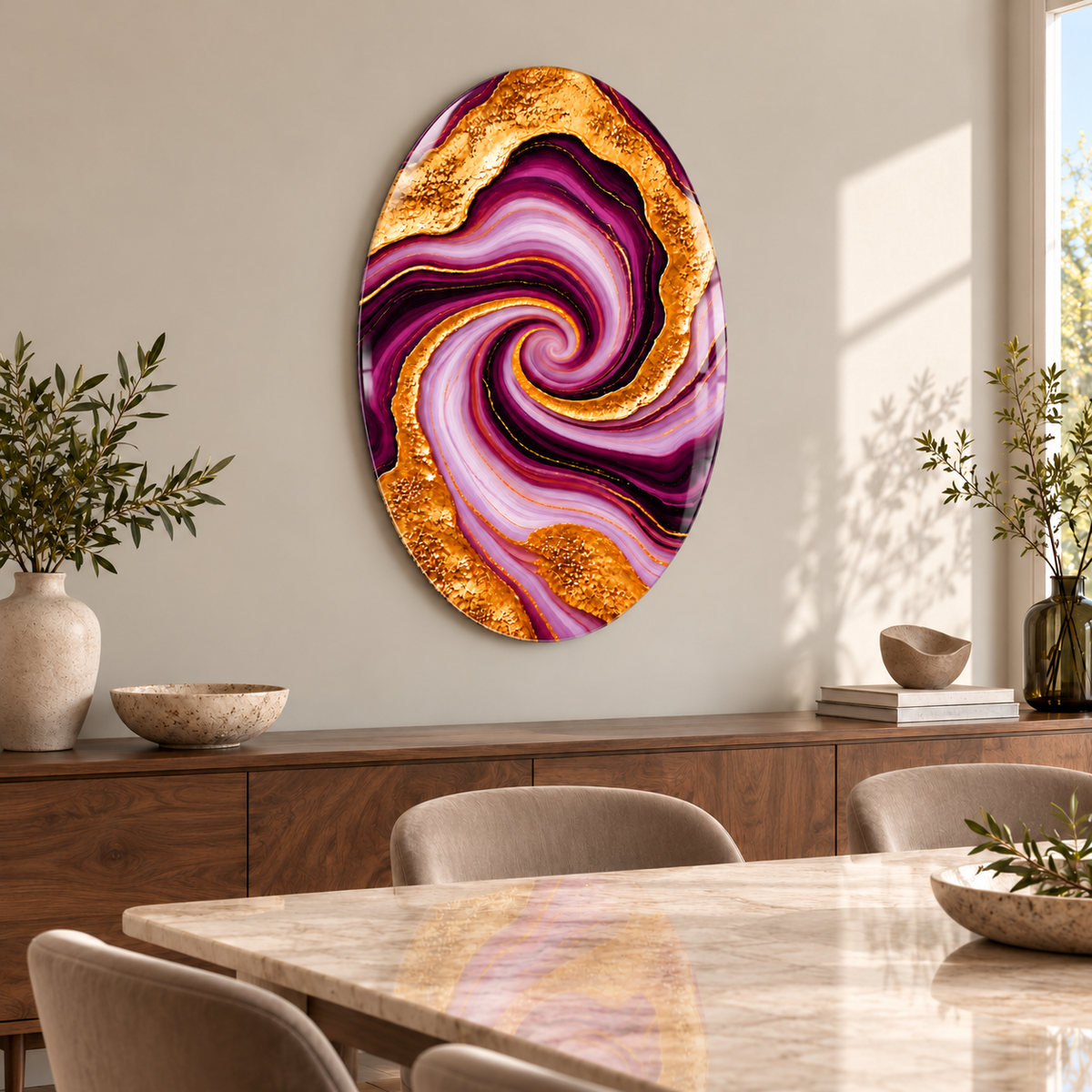 Mürdüm Altın Damarlı Akik Dikey Oval Cam Tablo — Yemek odası