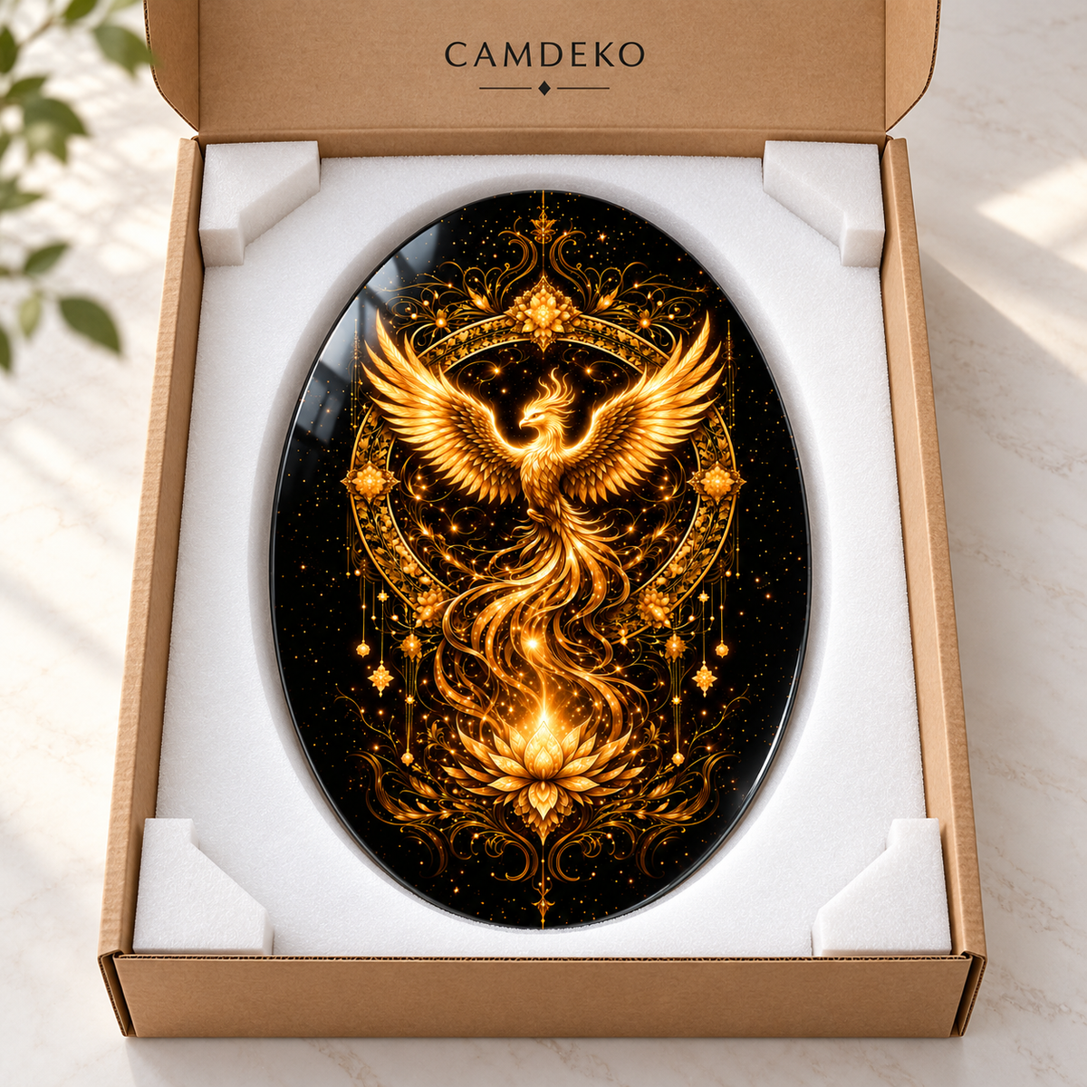 Altın Anka Kuşu Dikey Oval Cam Tablo - Koruyucu paketleme