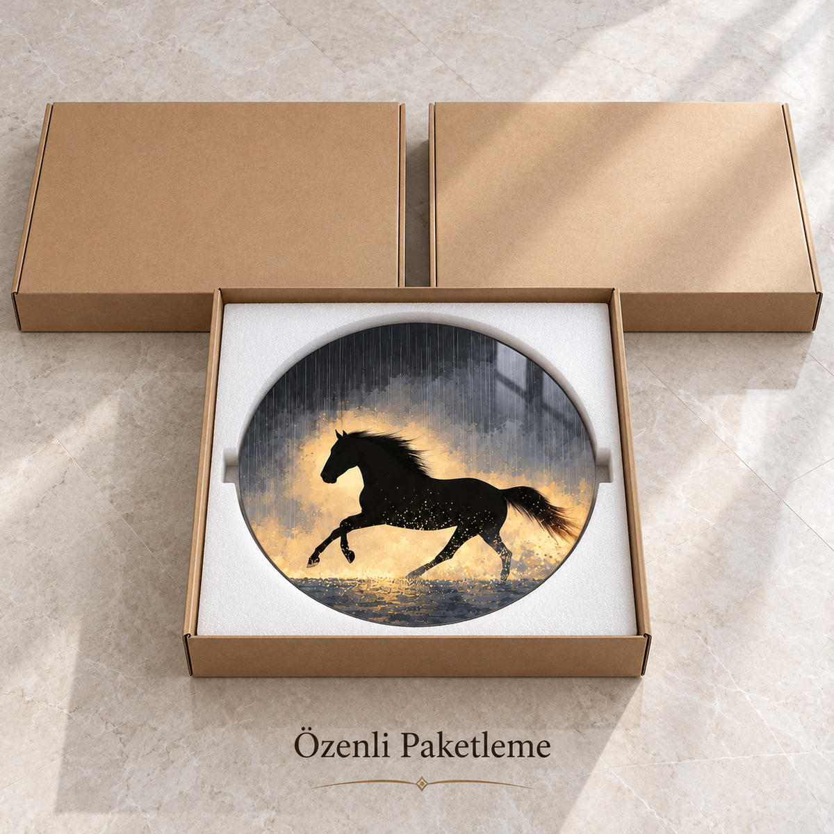 Altın Işıklı Siyah At ve Orman Şekilli Kesim Cam Tablo — Paketleme