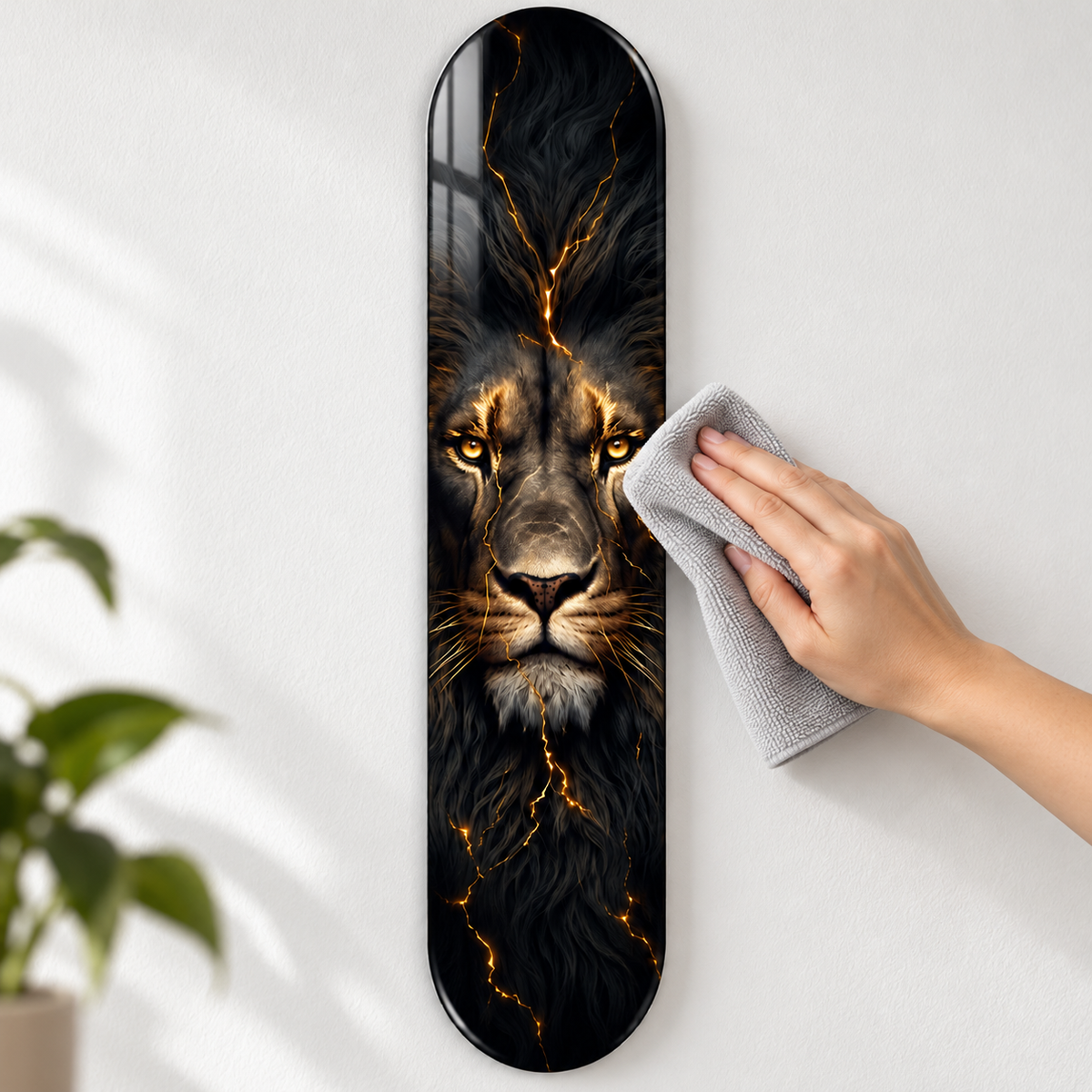 Altın Çizgili Aslan Dikey Skate Board Cam Tablo – Mikrofiber bezle bakım