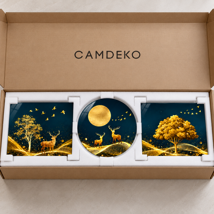 Altın geyik ay ve ağaç temalı şekilli kesim cam tablo — paketleme