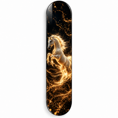 Altın Işıltılı Beyaz At Dikey Skate Board Cam Tablo – Beyaz fonda ön görünüm