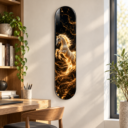Altın Işıltılı Beyaz At Dikey Skate Board Cam Tablo – Çalışma odasında görünüm