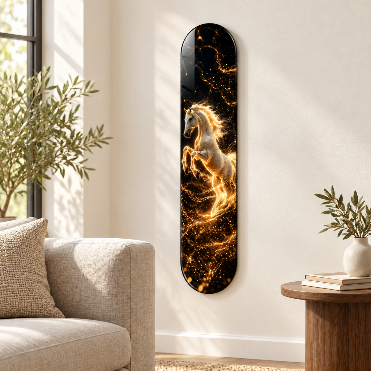 Altın Işıltılı Beyaz At Dikey Skate Board Cam Tablo – Salonda görünüm
