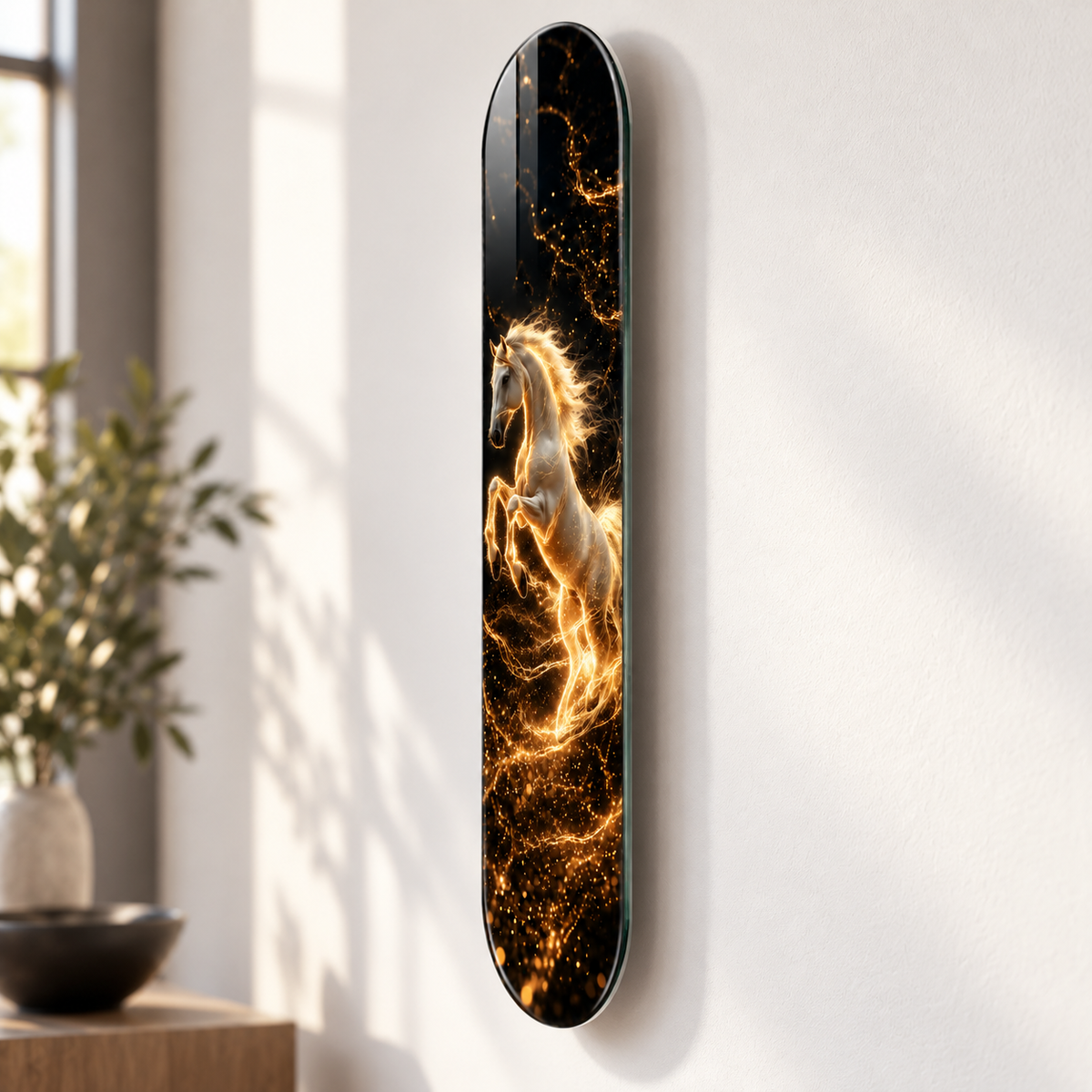 Altın Işıltılı Beyaz At Dikey Skate Board Cam Tablo – Duvar mesafesi