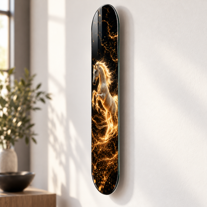 Altın Işıltılı Beyaz At Dikey Skate Board Cam Tablo – Duvar mesafesi