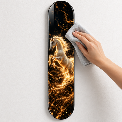 Altın Işıltılı Beyaz At Dikey Skate Board Cam Tablo – Mikrofiber bezle bakım