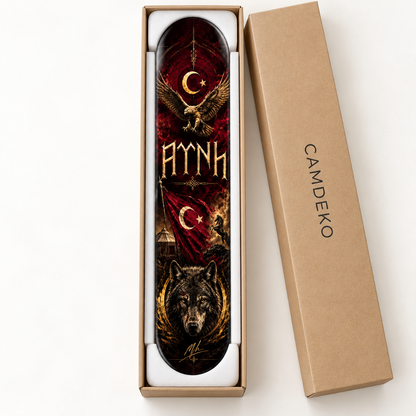 Altın Kartal ve Bozkurt Dikey Skate Board Cam Tablo – CAMDEKO ambalajı