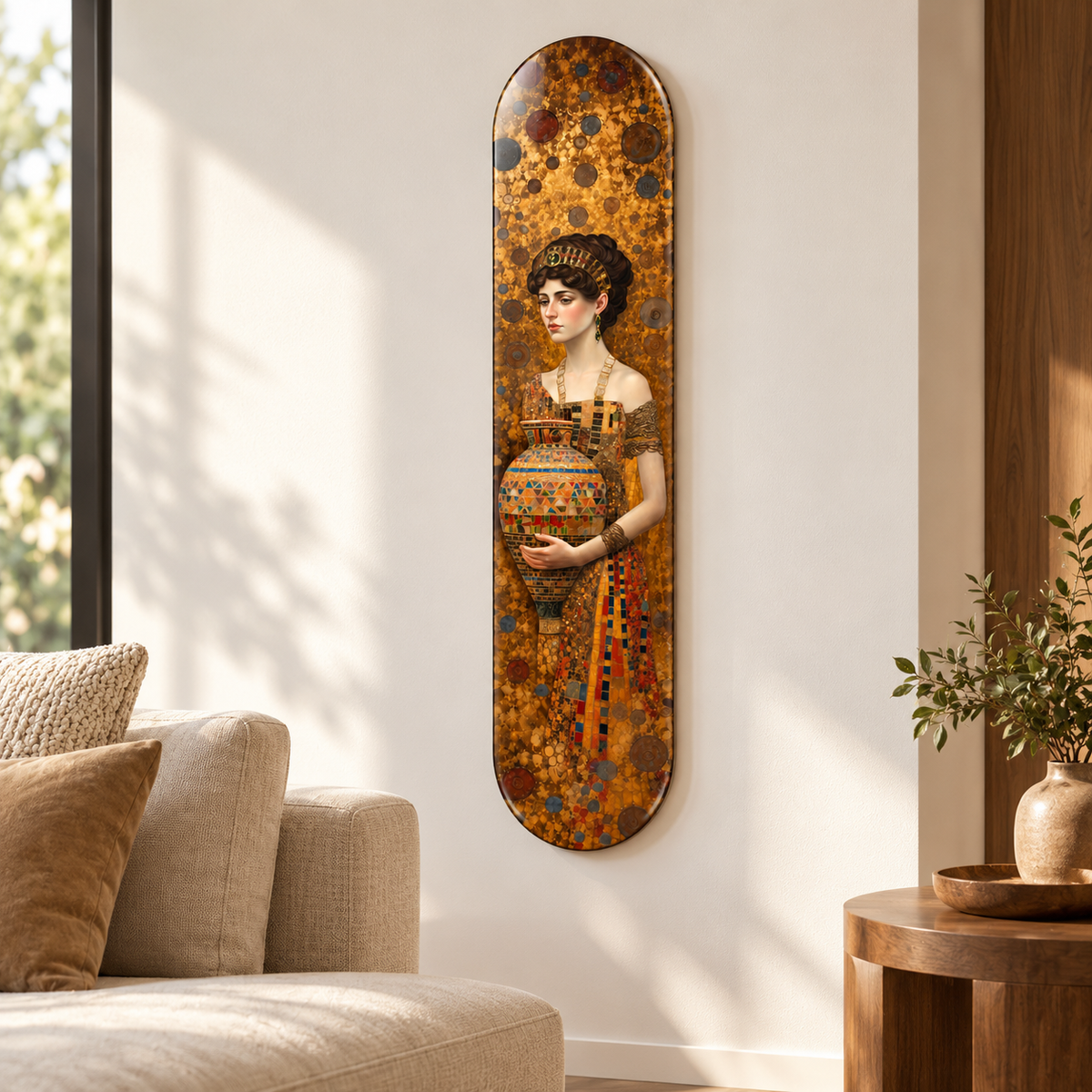 Altın Mozaik Amforalı Kadın Dikey Skate Board Cam Tablo – Salonda görünüm