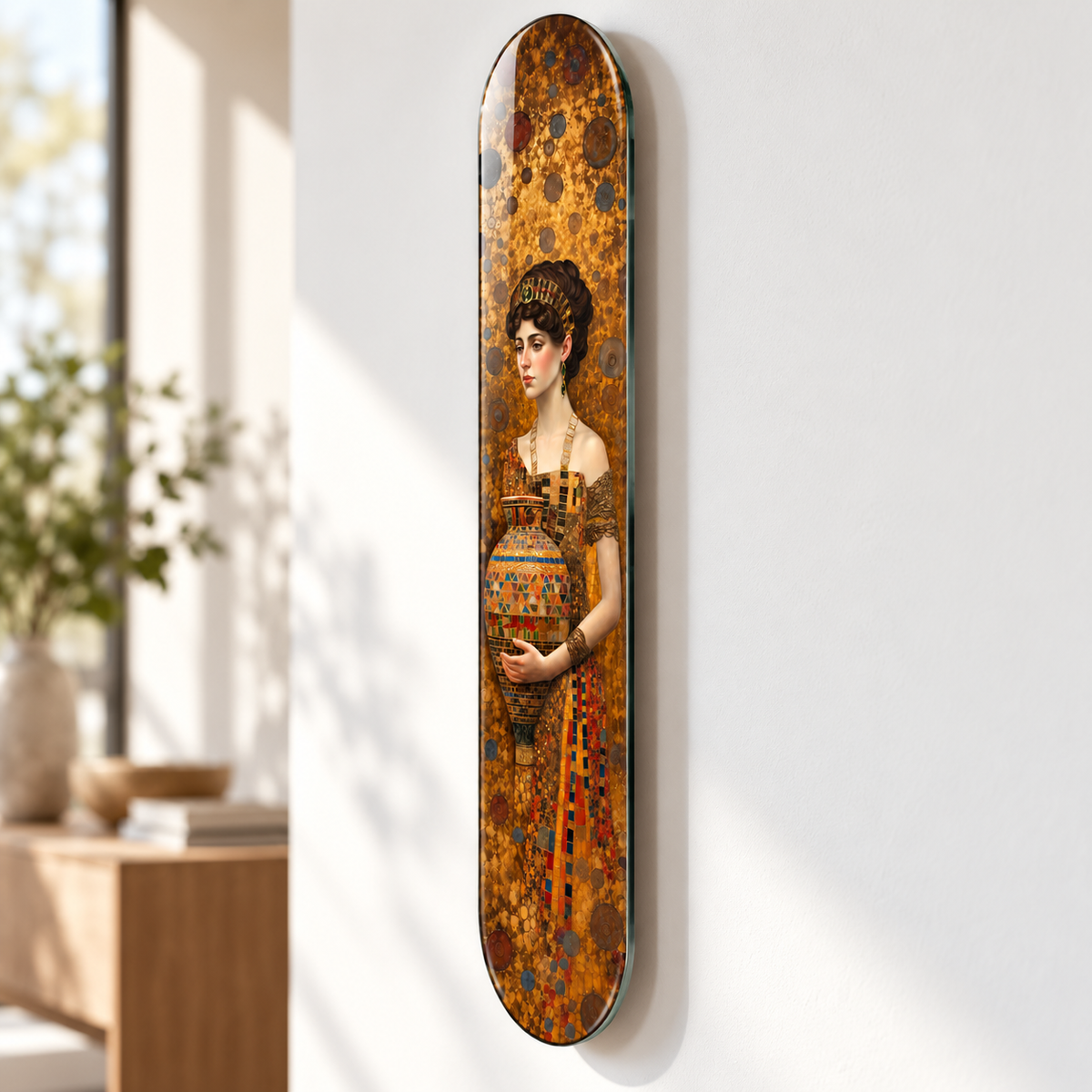 Altın Mozaik Amforalı Kadın Dikey Skate Board Cam Tablo – Duvar mesafesi